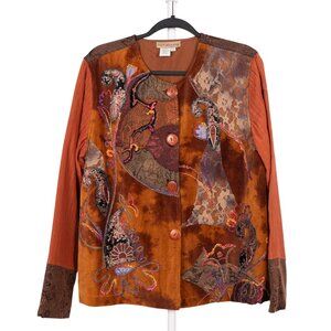 VTG Boho Patchwork Velvet Jacket M Earthy Lace Button Brown Mixed Embroidered